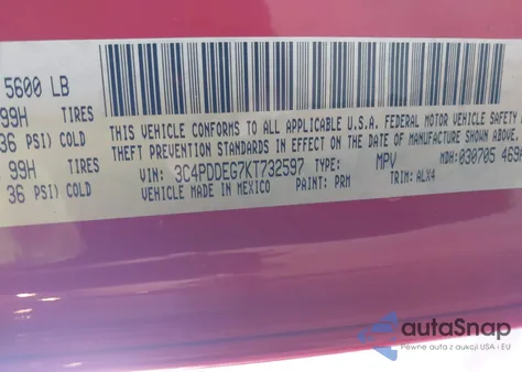 2019 Dodge Journey Gt Awd из США, поврежденный, VIN 3C4PDDEG7KT732597